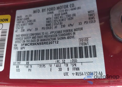 2025 Ford Bronco Sport Free Wheeling из США, поврежденный, VIN 3FMCR9KN9SRE20712